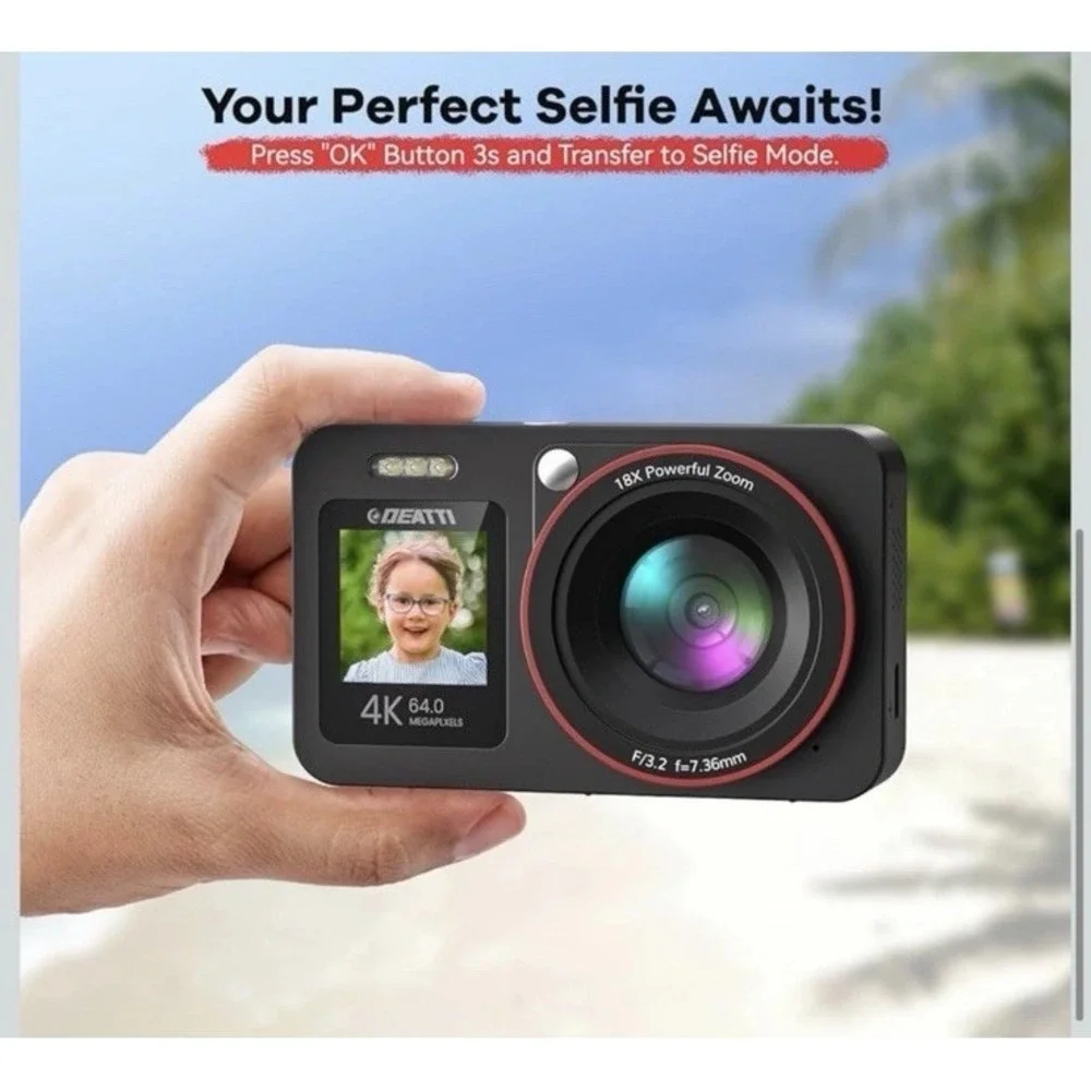Deatti 4k Digital Camera W/ Dual Screen 18x Zoom Rachargable Camera - Black